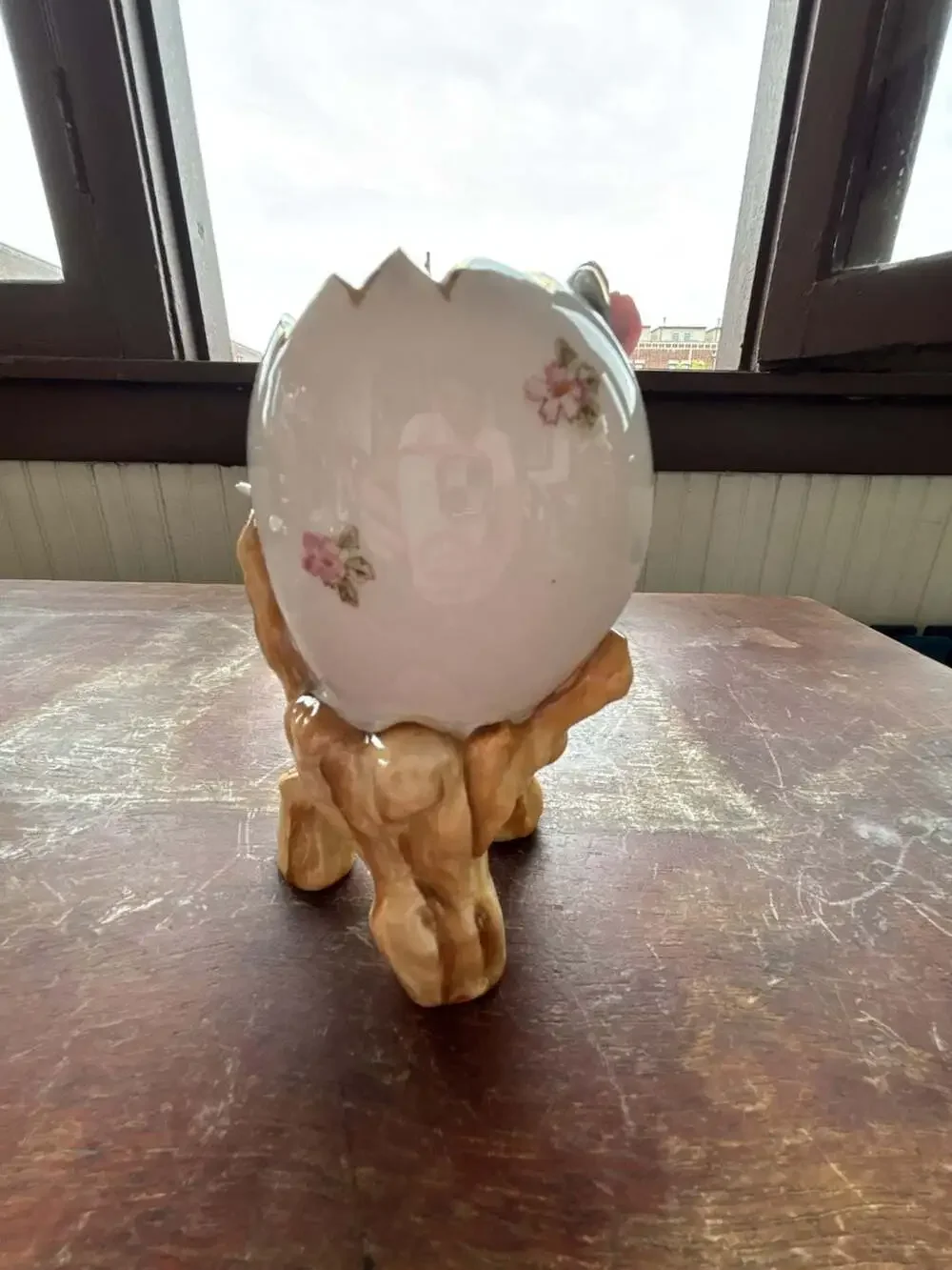 Vintage Ucagco Cherub Gold Trim Bird Flowers Angel Egg Vase Planter